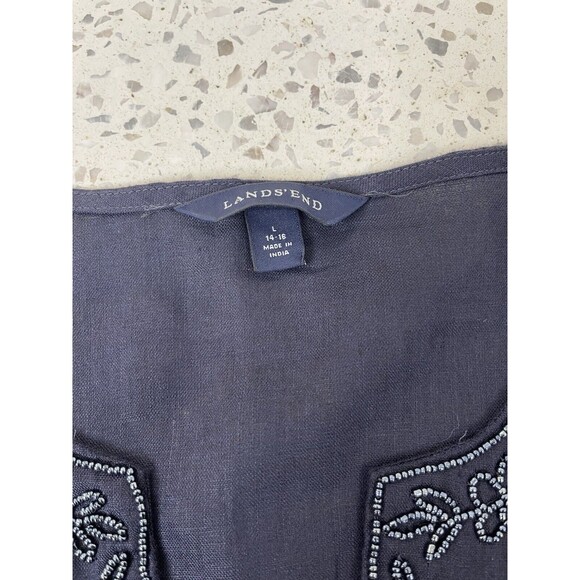 LANDS END Women’s Large 100% Linen Beaded Neckline Popover Tunic Top Bust Navy - Picture 7 of 12